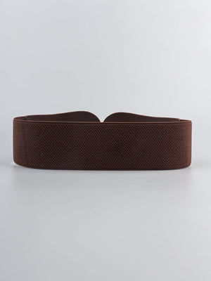 Brown elastic waist cincher belt with sculpted buckle detail