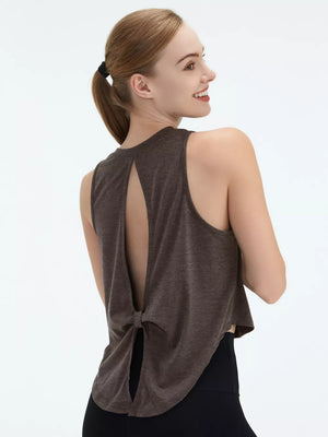 Brown heathered tank top with open back and tie detail