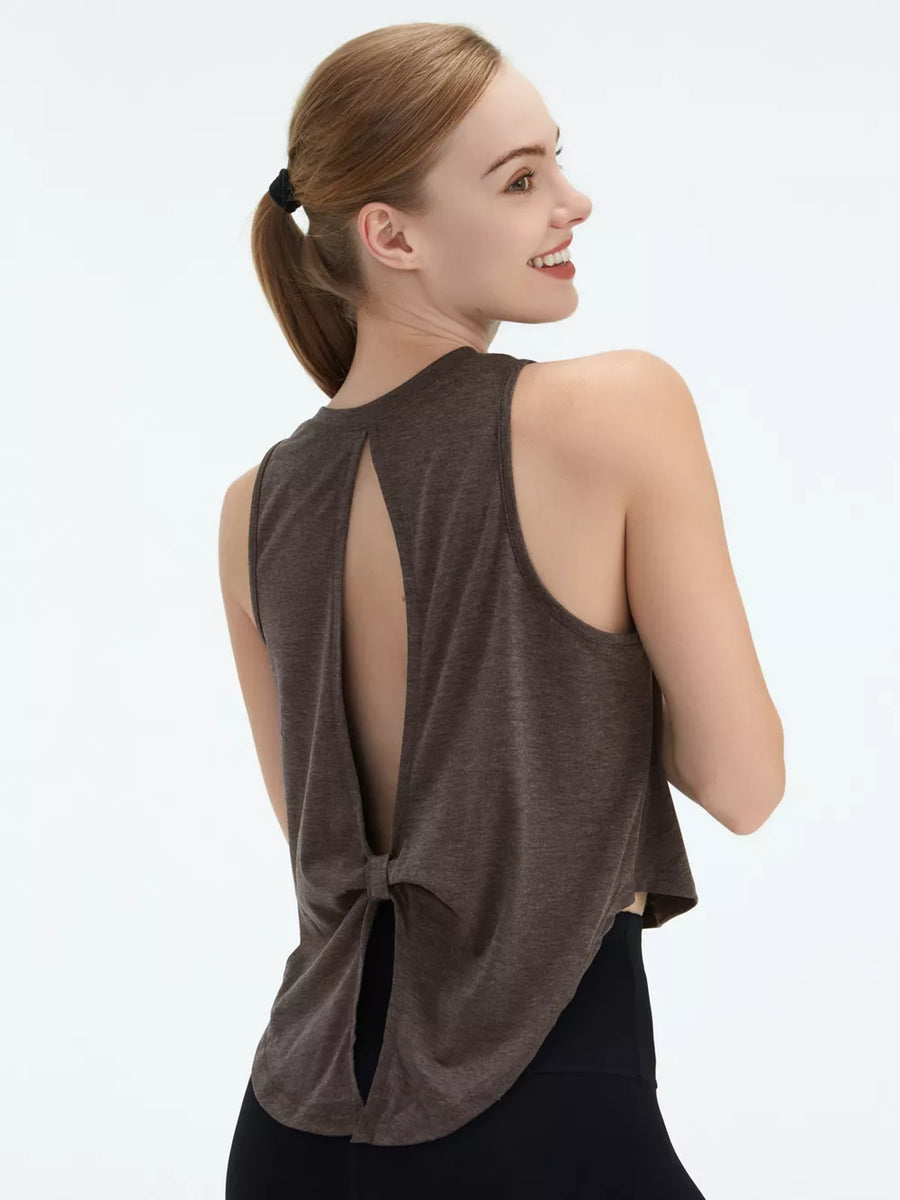 Brown heathered tank top with open back and tie detail