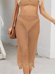 Sheer Crochet Knit Swim Cover-up Skirt With Fringe in Caramel