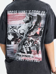 Men's relaxed fit dark gray cotton graphic t-shirt with distressed look and distressed winged horse graphic.