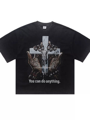Men's black graphic t-shirt with cross and hands, crew neck, cotton, acid wash.