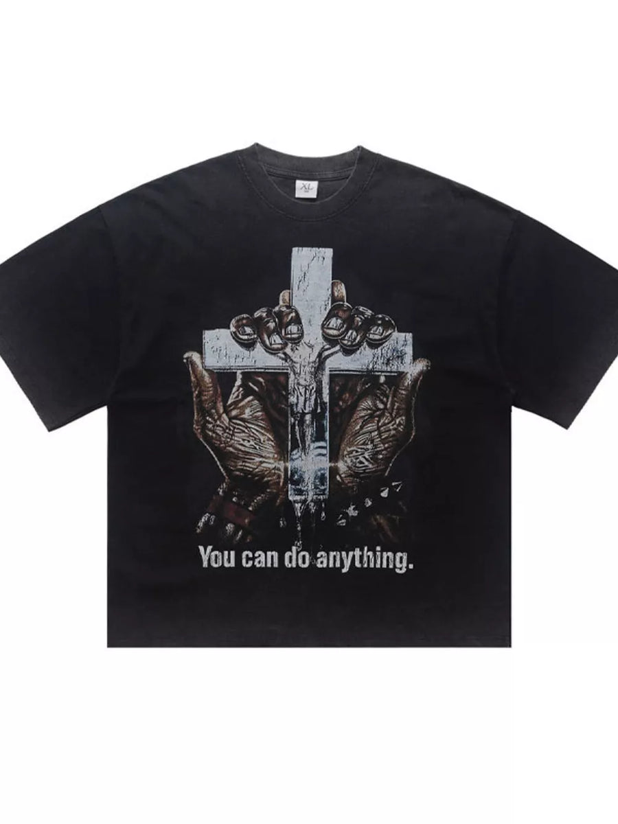Men's black graphic t-shirt with cross and hands, crew neck, cotton, acid wash.