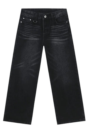 Wide leg distressed denim jeans in dark wash with whiskering detail.
