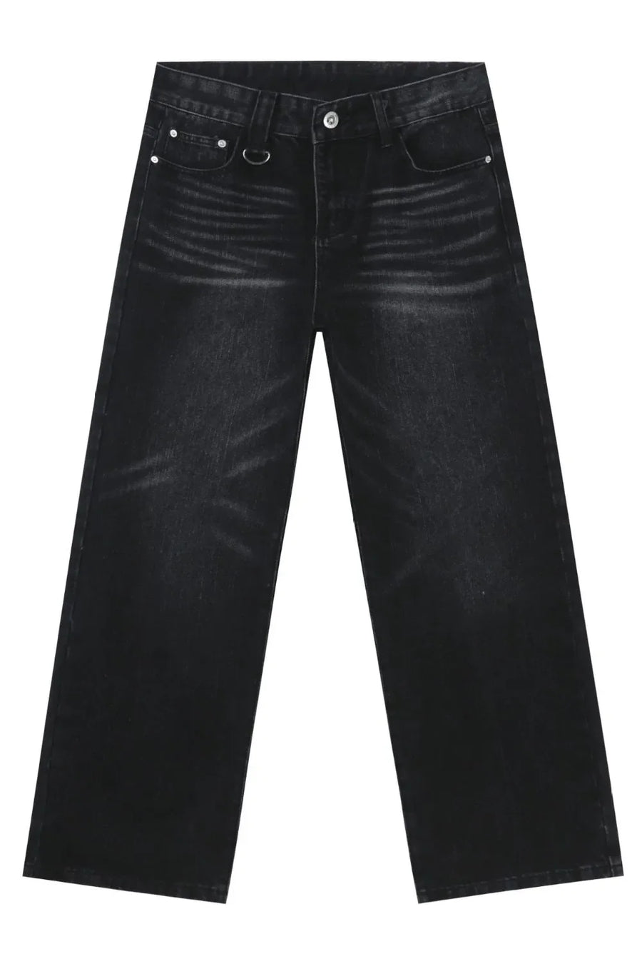 Wide leg distressed denim jeans in dark wash with whiskering detail.