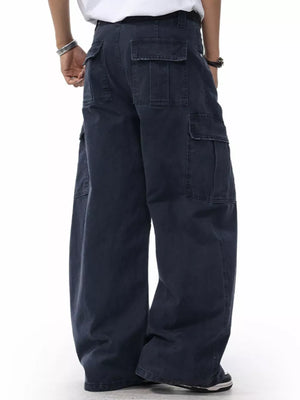 Men's dark navy cargo sweatpants with multiple pockets and a relaxed fit.