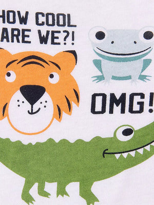 White t-shirt with graphic print of a tiger, frog, and alligator with text.