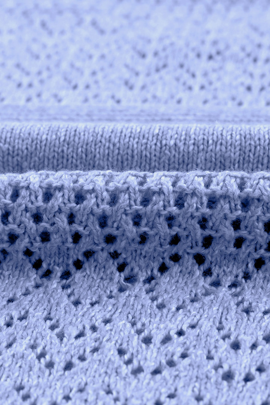 Light blue perforated knit pullover sweater with V-neck detail