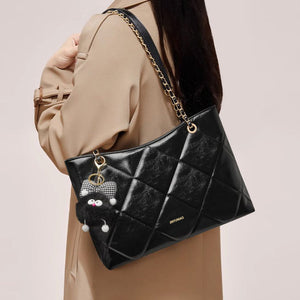 Black quilted PU leather shoulder bag with diamond pattern and chain straps, featuring a cute charm.