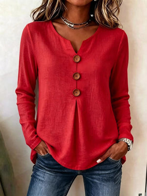 Decorative Button Long Sleeve Blouse Plus Size in Red with decorative buttons