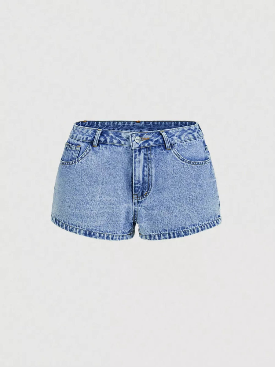light blue denim shorts with mini and zip-fly and button