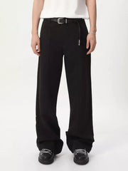 Black wide-leg sweatpants with adjustable drawstring waist and front seam detail.