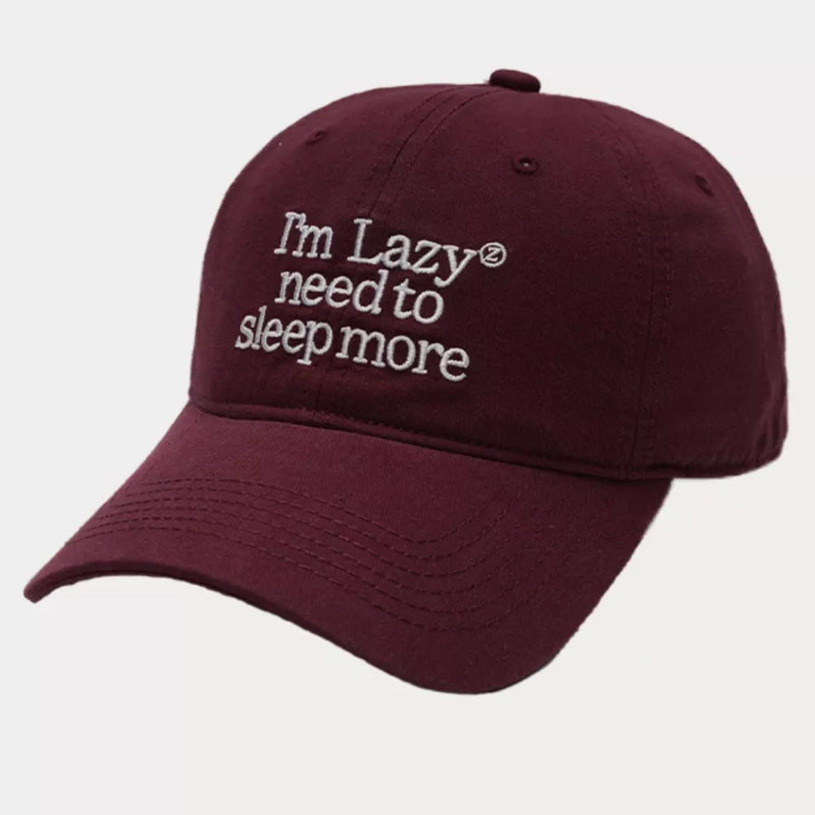 Wine red cotton baseball cap with embroidered slogan I'm Lazy need to sleep more