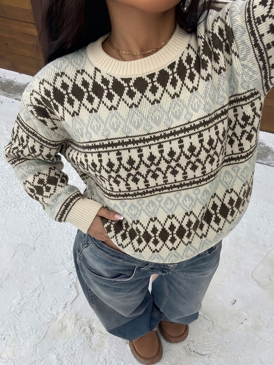 dark brown pullover sweater featuring stretch and Fair Isle