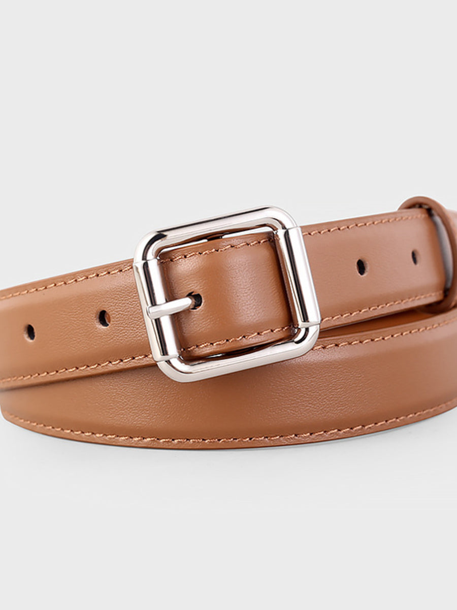 Caramel leather belt with square silver buckle and stitched edges
