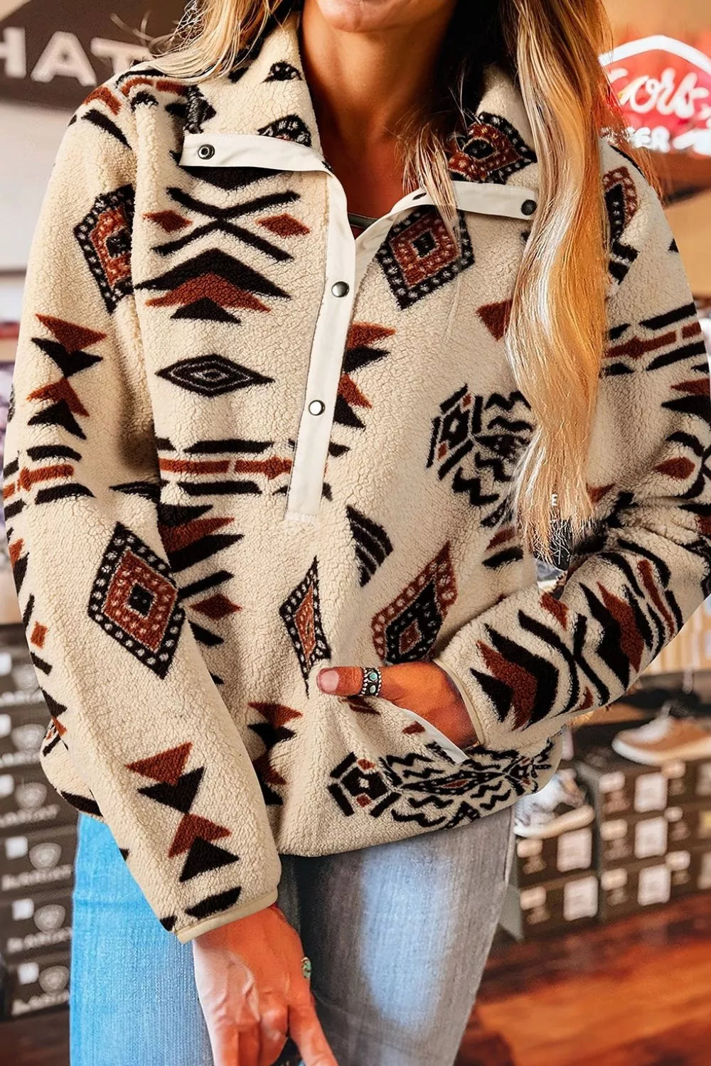 Black with Aztec Print Fleece Snap Down Sweatshirt