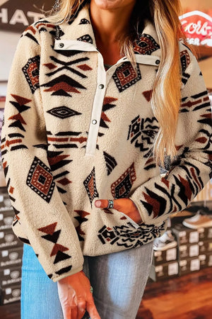 Black with Aztec Print Fleece Snap Down Sweatshirt