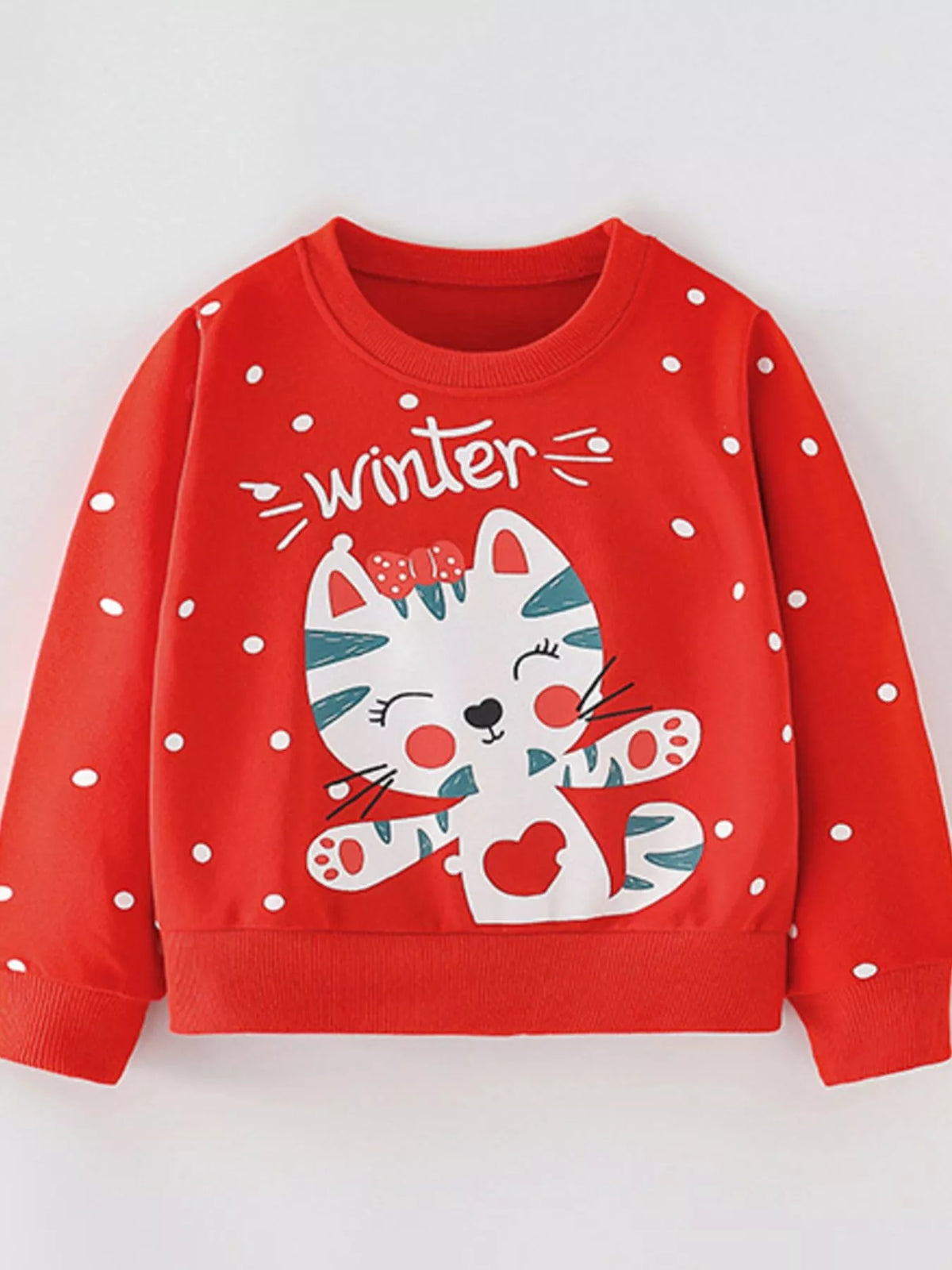 Red crew neck sweatshirt with white polka dots and a cute cat graphic saying "winter
