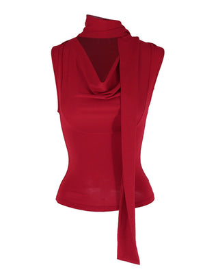Red cowl neck cami top with draped neckline and tie detail