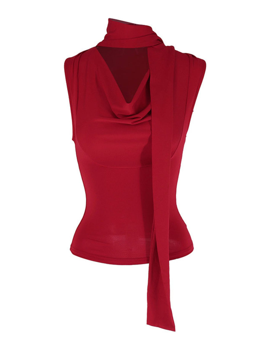 Red cowl neck cami top with draped neckline and tie detail