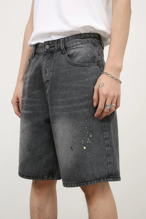 Artisan Wash Denim Bermuda Shorts in dark wash with paint splatter detail