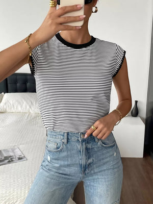 Black and white striped crew neck tee with black trim on sleeves and neckline.