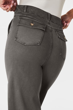 Dark Gray wide-leg utility denim trousers with buttoned flap back pockets.