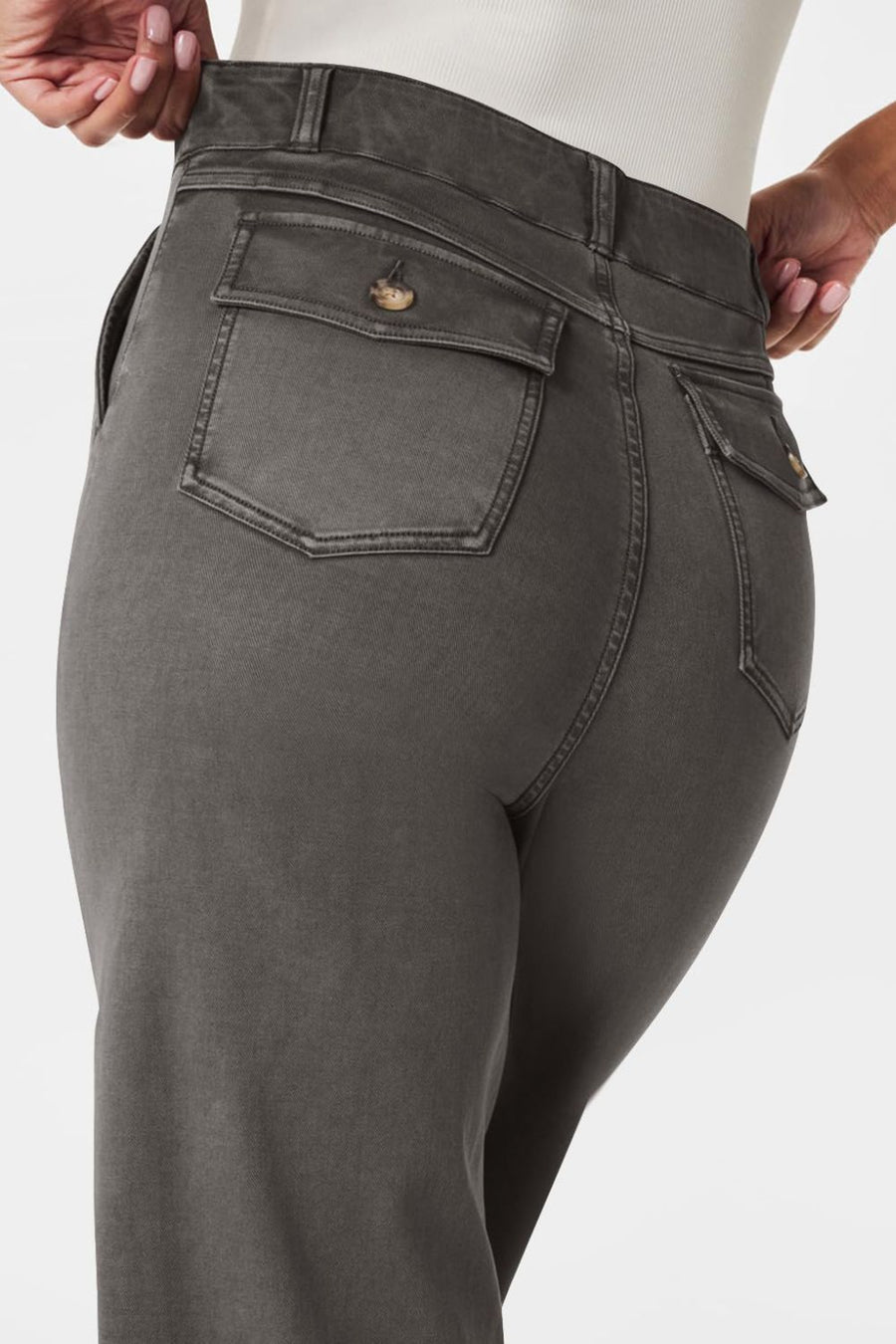 Dark Gray wide-leg utility denim trousers with buttoned flap back pockets.