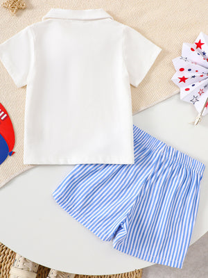 Baby boys' white polo shirt and blue striped shorts set