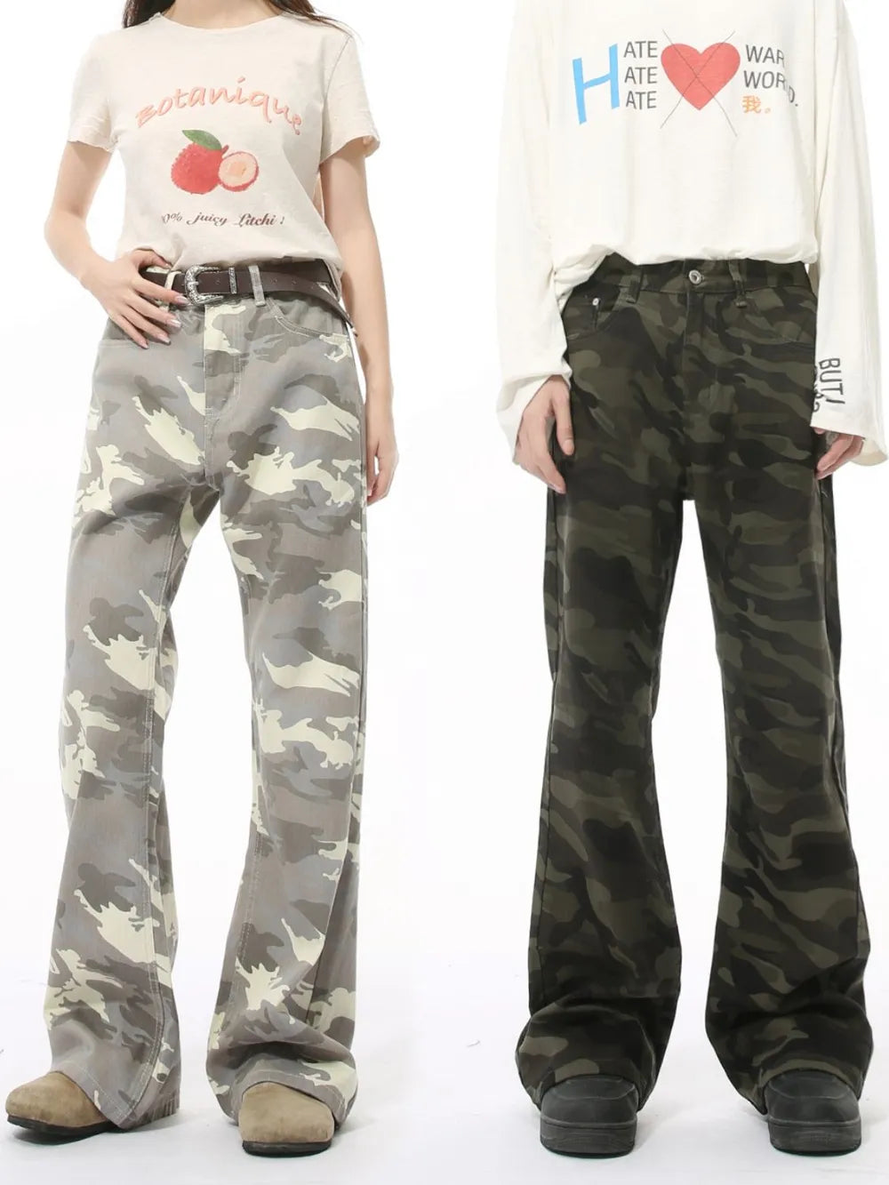 Camo flare jeans with utility pockets in army green and gray, featuring a relaxed fit.