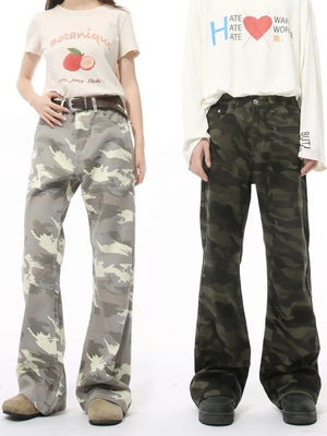 Camo flare jeans with utility pockets in army green and gray, featuring a relaxed fit.