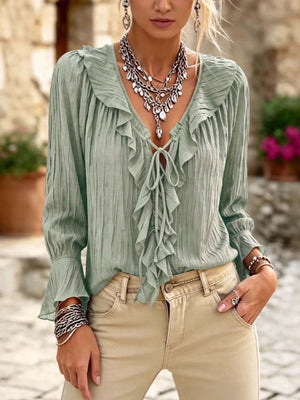 Sage blouse with hip-length and tie