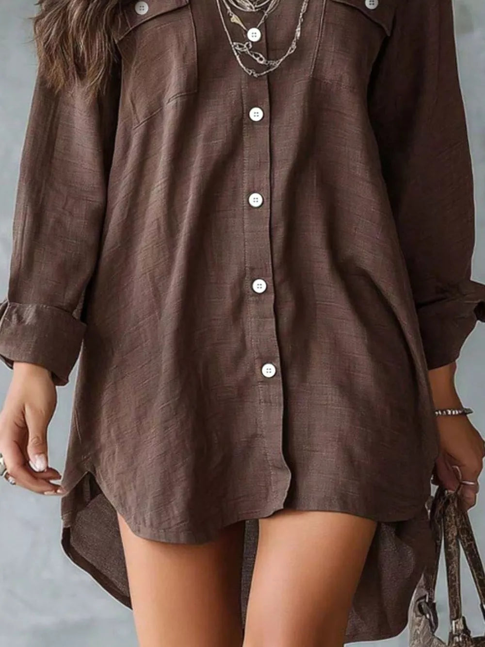 Casual Linen Shirt Dress With Pockets in Burgundy