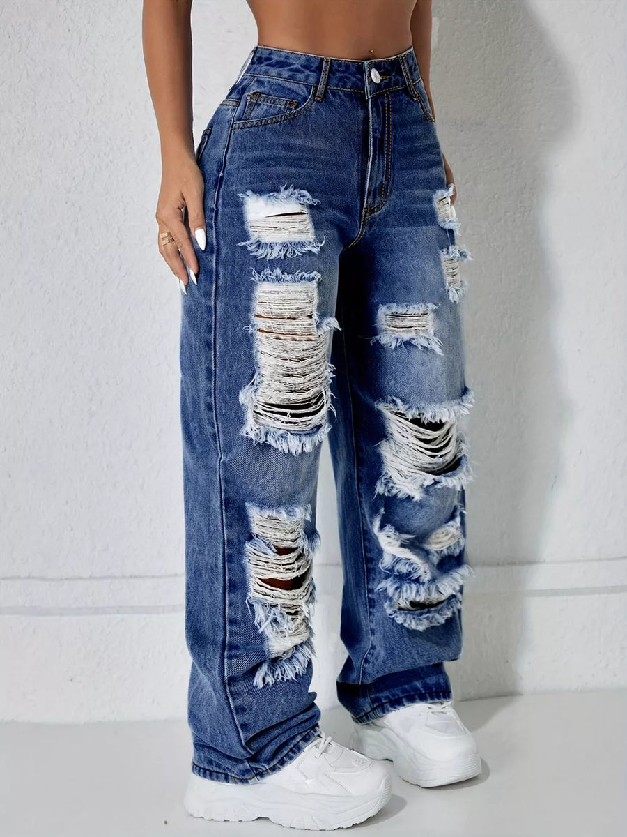 Distressed Wide Leg Jeans in Light Blue, view 11