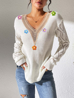 cream pullover sweater with floral and v-neck