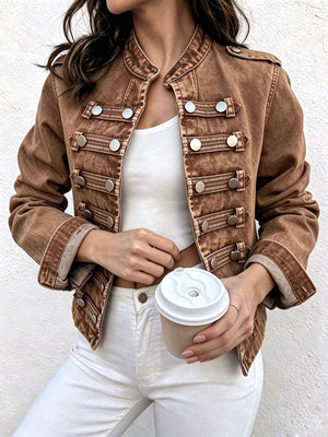 denim jacket in rust featuring buttoned and regular fit