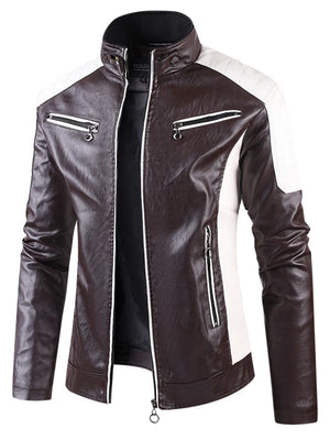 Brown faux leather moto jacket with white paneling and zip pockets