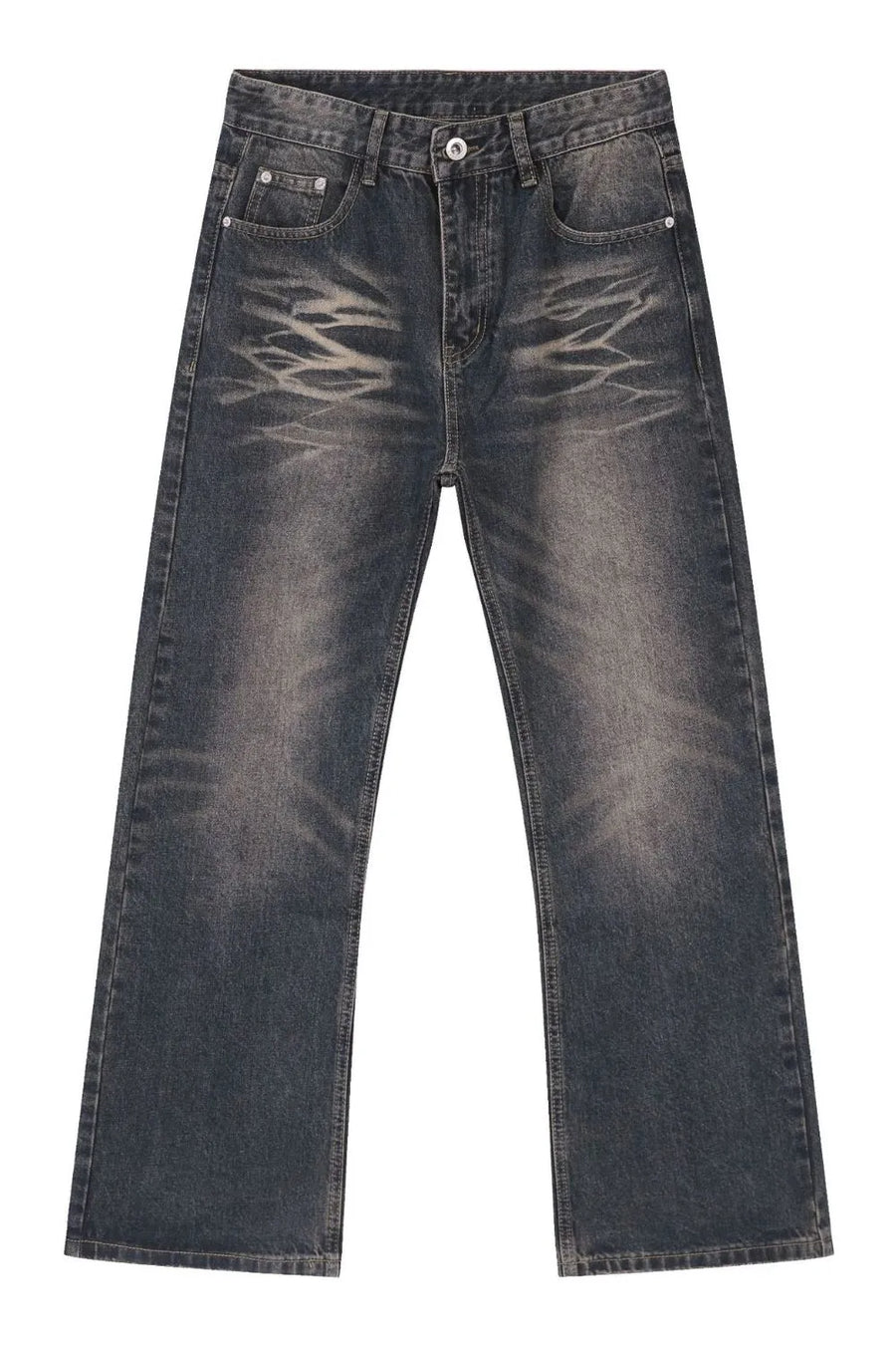 Faded wash wide-leg jeans in medium blue denim with a distressed pattern.