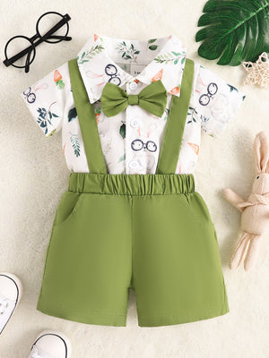 Baby boys green suspender shorts set with bunny print white shirt and green bow tie