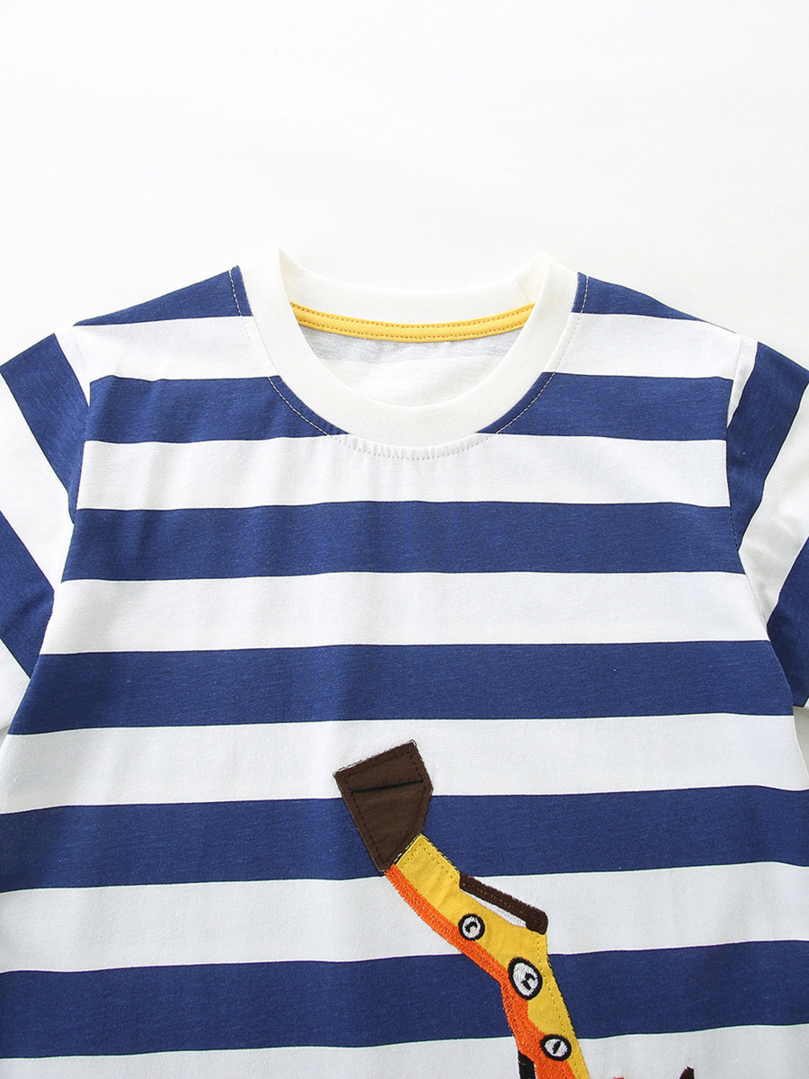 Toddler boys' cotton t-shirt with blue and white stripes and excavator applique detail.