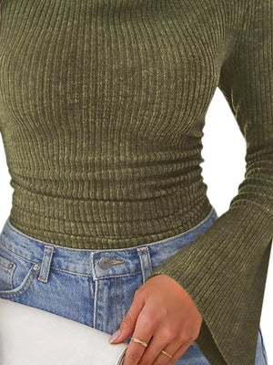 Ribbed Knit Cowl Neck Flared Sleeve Top in Army Green with ribbed