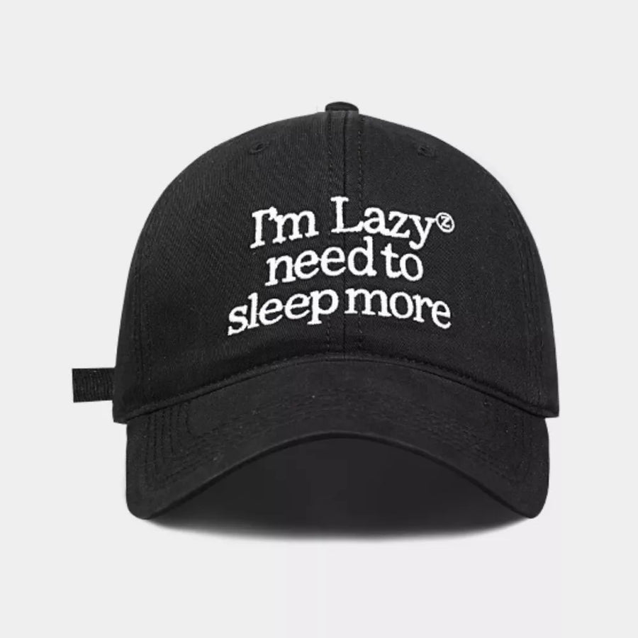 Black cotton baseball cap with embroidered slogan "I'm Lazy need to sleep more