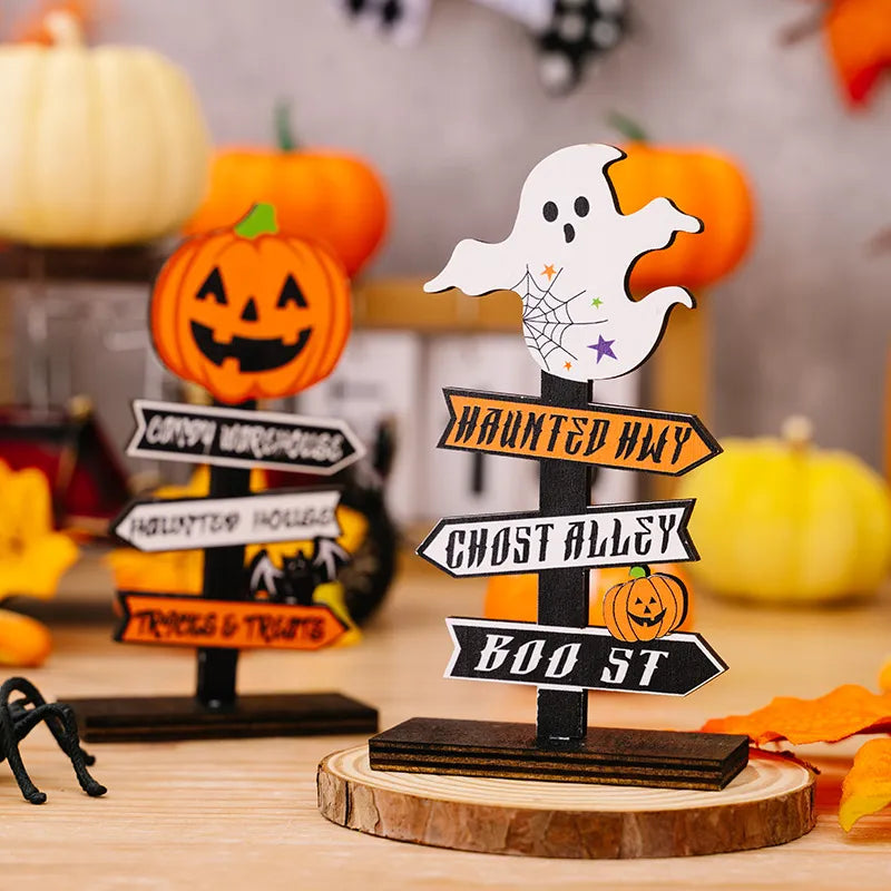 Halloween spooky signpost decor with ghost, pumpkins, and haunted destination signs.