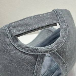 Gray baseball cap with adjustable strap detail and white contrast stitching