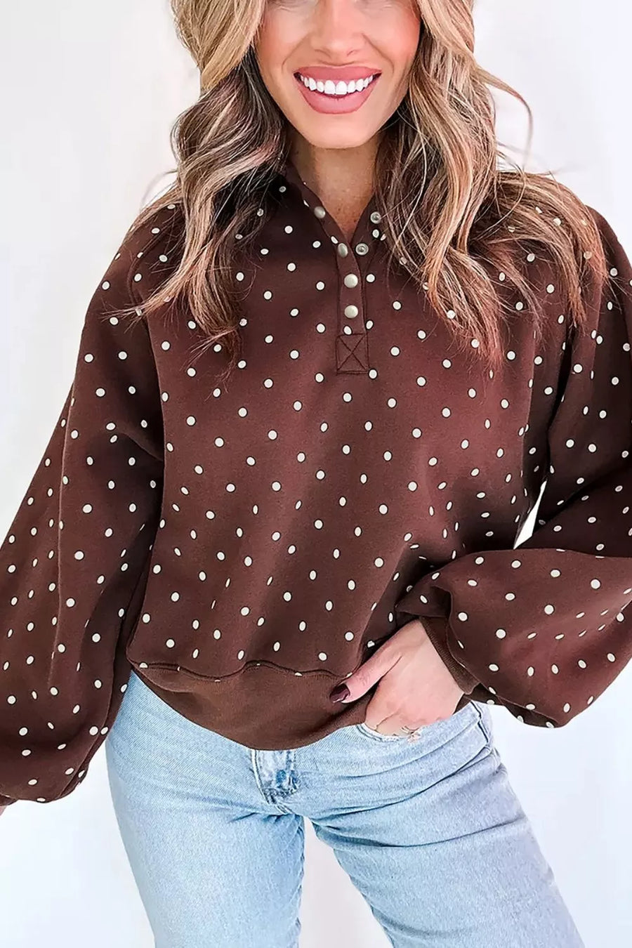 Polka Dot Metal Button Collar Sweatshirt in Brown