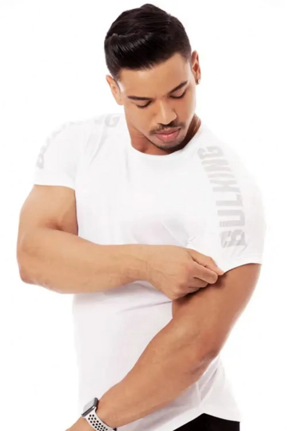 White performance tee with grey shoulder print and crew neck.