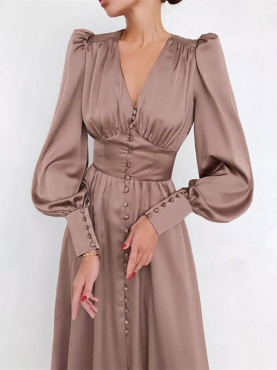 Elegant V-neck Puff Sleeve Button-down Midi Dress in Beige