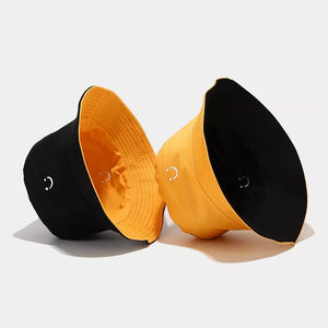 Embroidered Smiley Face Bucket Hat in Foggy Blue And Black, Double-sided with embroidered