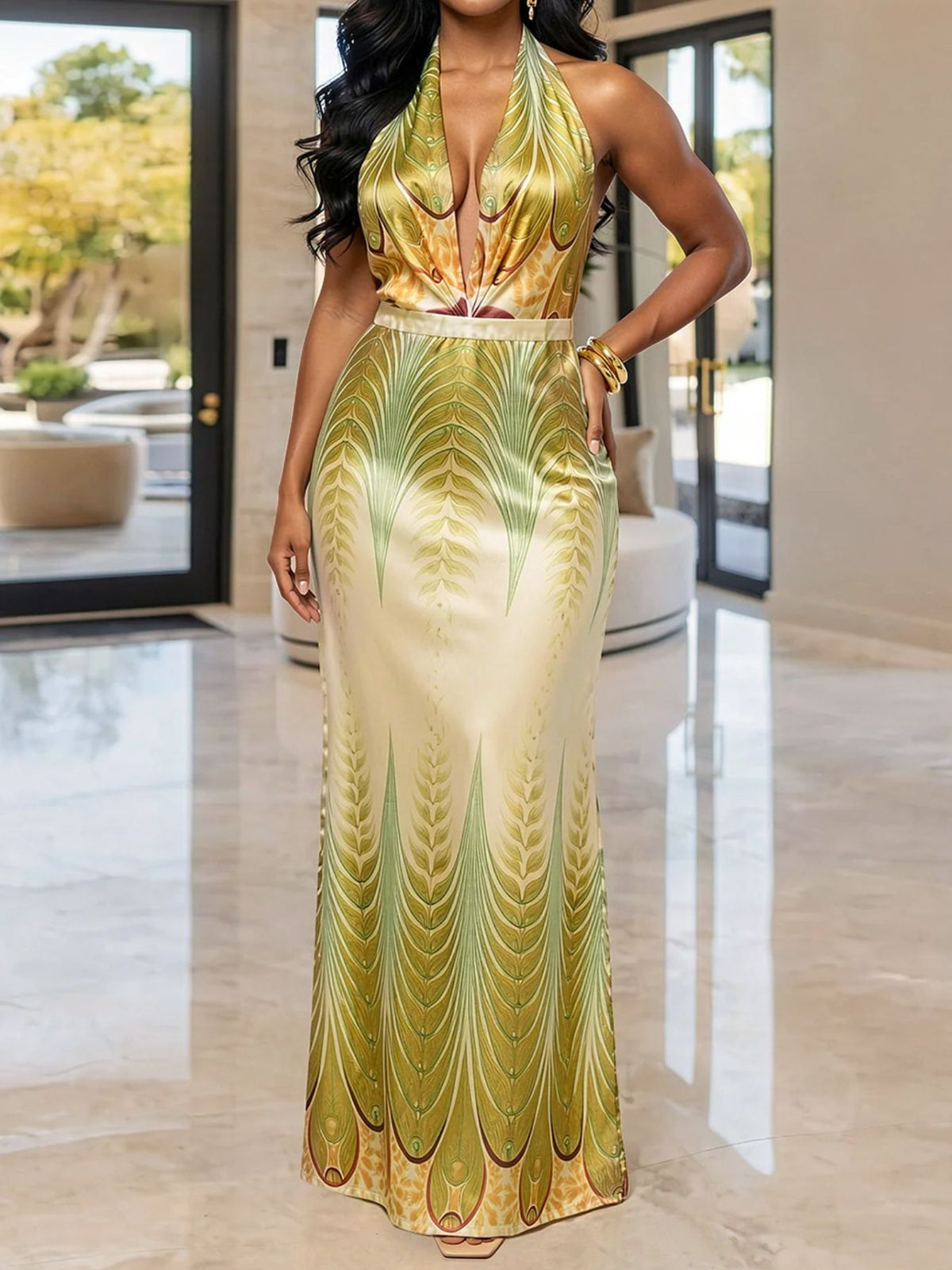 sage green maxi dress featuring backless and leaf-print