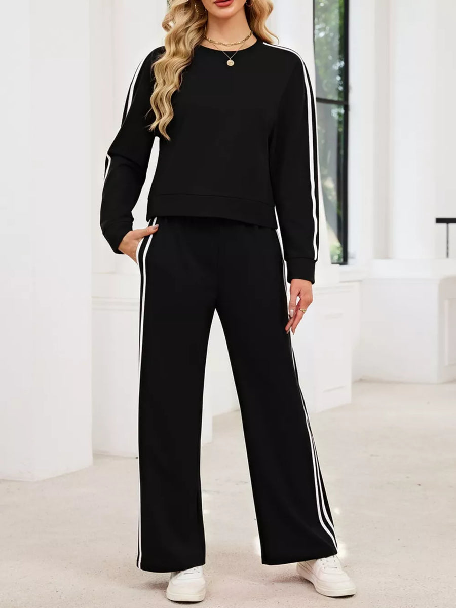 Striped Round Neck Sweatshirt And Pants Set in Khaki